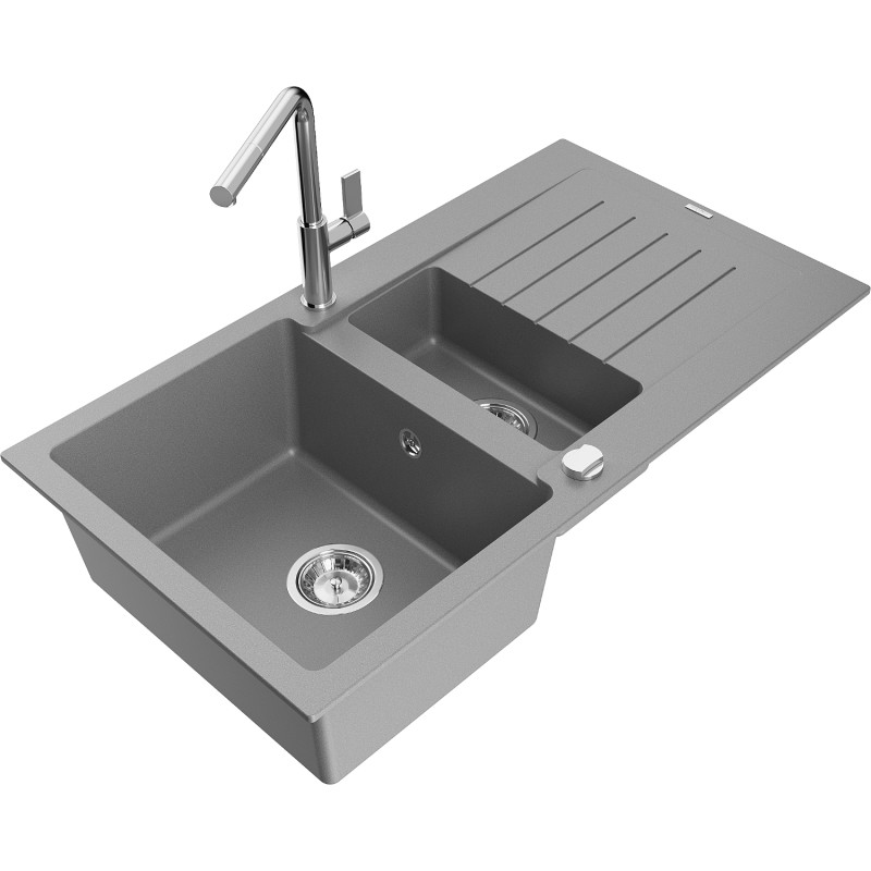 Mexen Matias granite sink 1.5-bowl with drainer and Flora kitchen faucet, gray - 6502-71-670401-00