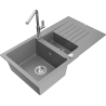 Mexen Matias 1.5-bowl granite sink with drainer and Flora kitchen faucet, gray - 6502-71-670401-00