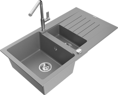 Mexen Matias 1.5-compartment granite sink with a drip tray and kitchen mixer tap Flora, Grey - 6502-71-670401-00