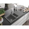 Mexen Matias granite sink 1.5-bowl with drainer and Flora kitchen tap, gray - 6502-71-670401-06
