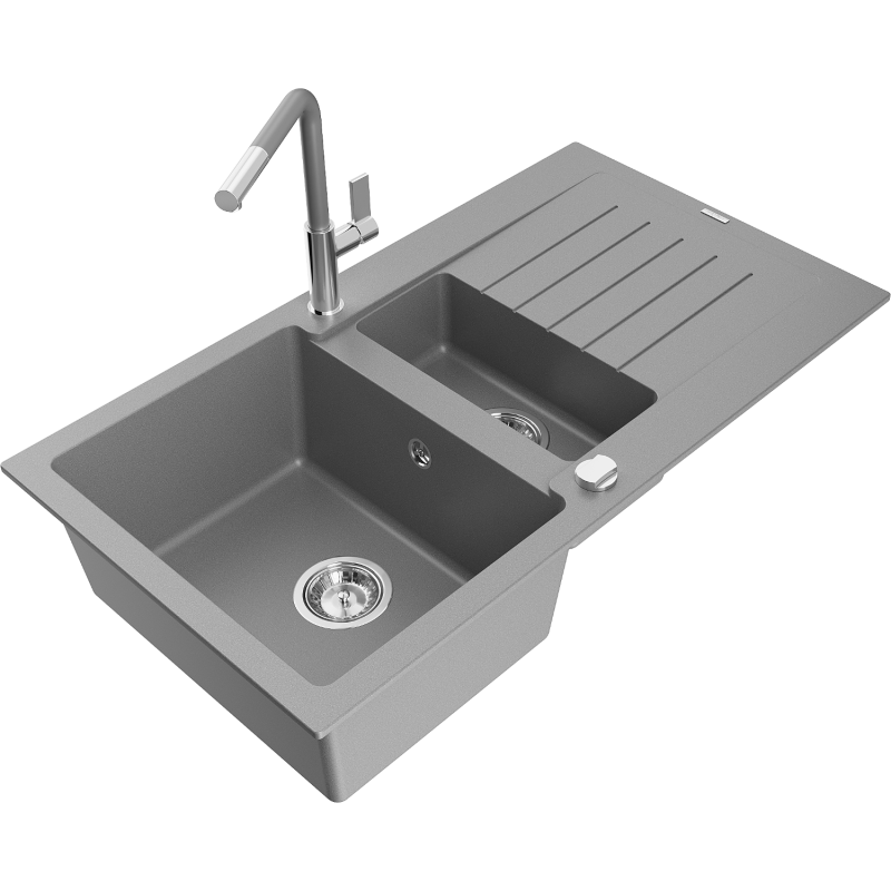 Mexen Matias granite sink 1.5-bowl with drainer and Flora kitchen tap, gray - 6502-71-670401-06