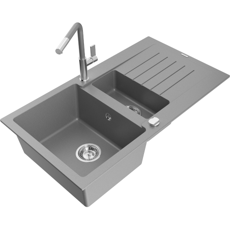 Mexen Matias granite sink 1.5-bowl with drainer and Flora kitchen tap, gray - 6502-71-670401-06