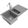 Mexen Matias 1.5-bowl granite sink with drainer and Flora kitchen faucet, gray - 6502-71-670401-06