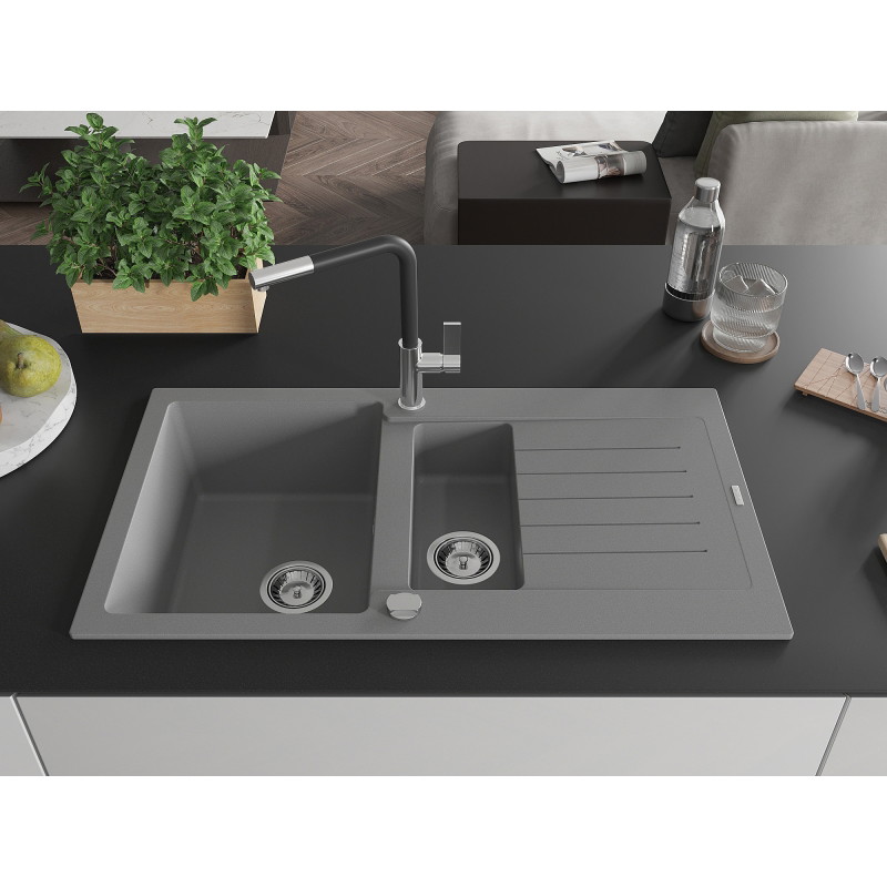 Mexen Matias 1.5-bowl granite sink with drainer and Flora kitchen faucet, gray - 6502-71-670401-07