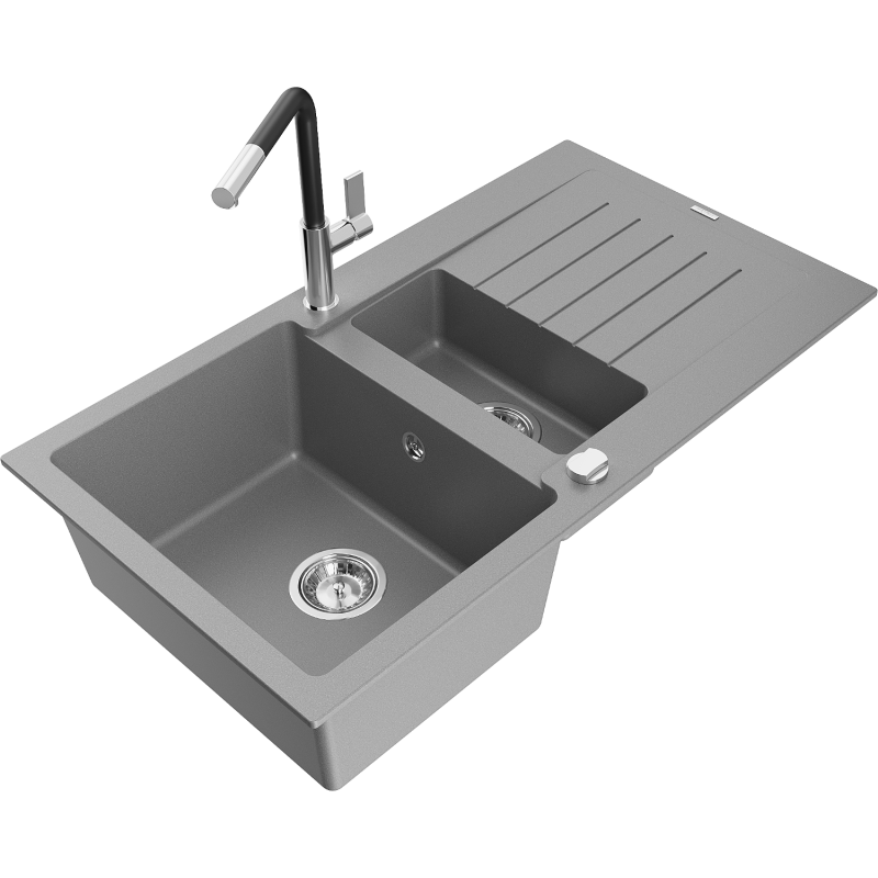 Mexen Matias 1.5-compartment granite sink with a drip tray and kitchen mixer tap Flora, Grey - 6502-71-670401-07