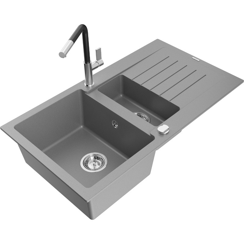 Mexen Matias granite sink 1.5-bowl with drainer and Flora kitchen faucet, gray - 6502-71-670401-07