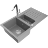 Mexen Matias 1.5-bowl granite sink with drainer and Flora kitchen faucet, gray - 6502-71-670401-07