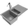 Mexen Matias granite sink 1.5-bowl with drainer and Flora kitchen faucet, gray - 6502-71-670401-07