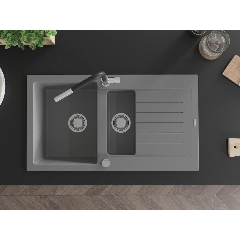 Mexen Matias granite sink 1.5-bowl with drainer and Flora kitchen faucet, gray - 6502-71-670401-07