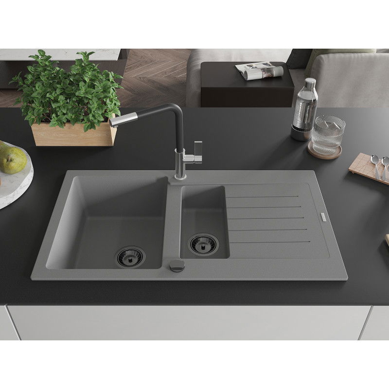 Mexen Matias granite kitchen sink 1.5-bowl with drainer and Flora kitchen tap, grey - 6502-71-670401-07-B