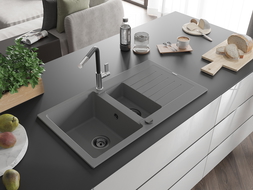 Mexen Matias 1.5-compartment granite sink with a drip tray and kitchen mixer tap Flora, Grey - 6502-71-670401-07-B