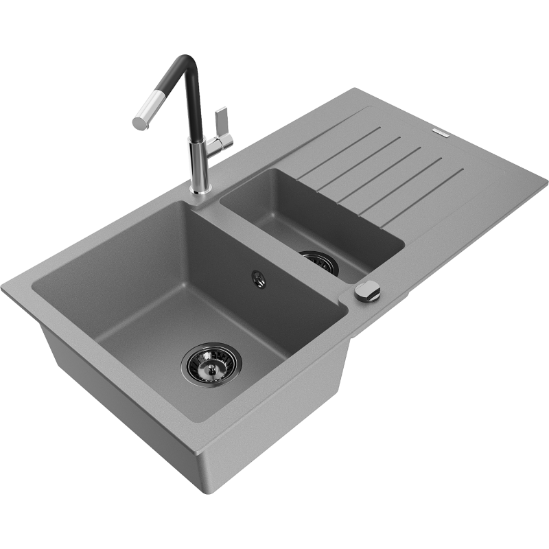 Mexen Matias 1.5-compartment granite sink with a drip tray and kitchen mixer tap Flora, Grey - 6502-71-670401-07-B