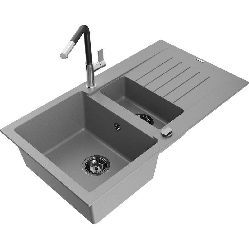 Mexen Matias gray granite 1.5-bowl sink with drainer and Flora kitchen faucet - 6502-71-670401-07-B