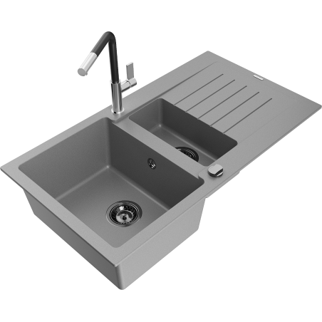 Mexen Matias 1.5-compartment granite sink with a drip tray and kitchen mixer tap Flora, Grey - 6502-71-670401-07-B