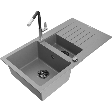 Mexen Matias granite kitchen sink 1.5-bowl with drainer and Flora kitchen tap, grey - 6502-71-670401-07-B