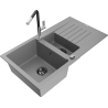 Mexen Matias 1.5-compartment granite sink with a drip tray and kitchen mixer tap Flora, Grey - 6502-71-670401-07-B
