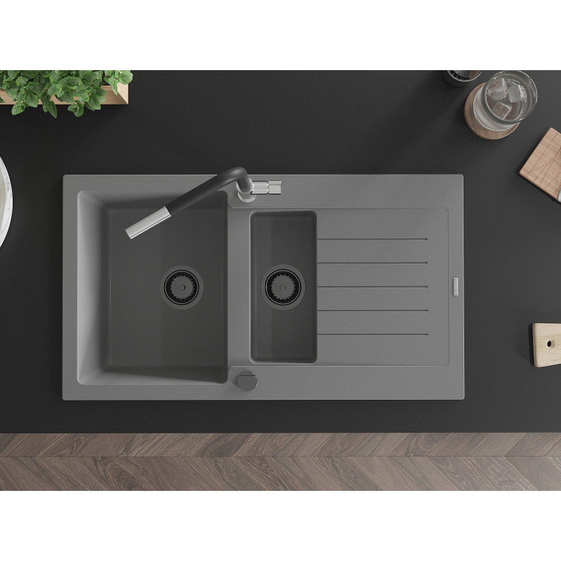 Mexen Matias gray granite 1.5-bowl sink with drainer and Flora kitchen faucet - 6502-71-670401-07-B