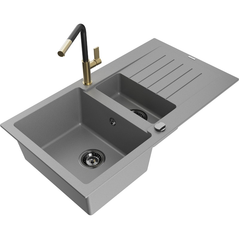 Mexen Matias 1.5-bowl granite sink with drainer and Flora kitchen faucet, gray - 6502-71-670401-57-B