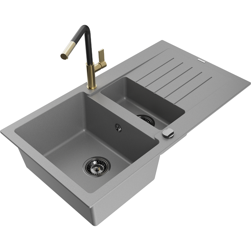 Mexen Matias 1.5-Bowl Granite Sink with Drainer and Flora Kitchen Tap, Grey - 6502-71-670401-57-B