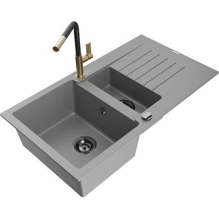 Mexen Matias 1.5-bowl granite sink with drainer and Flora kitchen faucet, gray - 6502-71-670401-57-B