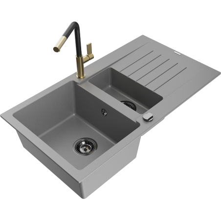 Mexen Matias 1.5-Bowl Granite Sink with Drainer and Flora Kitchen Tap, Grey - 6502-71-670401-57-B