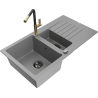 Mexen Matias 1.5-bowl granite sink with drainer and Flora kitchen faucet, gray - 6502-71-670401-57-B