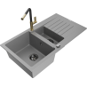 Mexen Matias 1.5-compartment granite sink with a drip tray and kitchen mixer tap Flora, Grey - 6502-71-670401-57-B