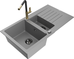 Mexen Matias 1.5-compartment granite sink with a drip tray and kitchen mixer tap Flora, Grey - 6502-71-670401-57-B
