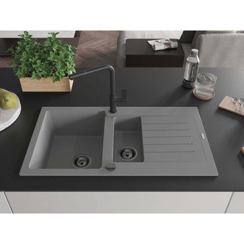 Mexen Matias 1.5-bowl granite sink with drainer and Flora kitchen tap, gray - 6502-71-670401-70-B