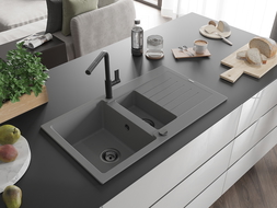 Mexen Matias 1.5-compartment granite sink with a drip tray and kitchen mixer tap Flora, Grey - 6502-71-670401-70-B