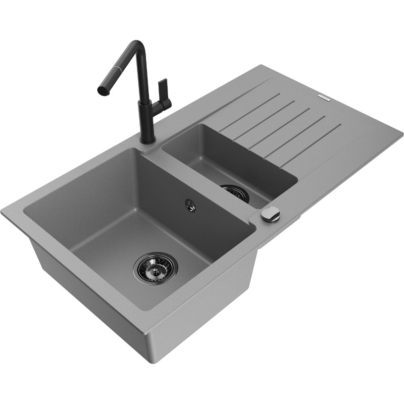 Mexen Matias 1.5-bowl granite sink with drainer and Flora kitchen tap, gray - 6502-71-670401-70-B
