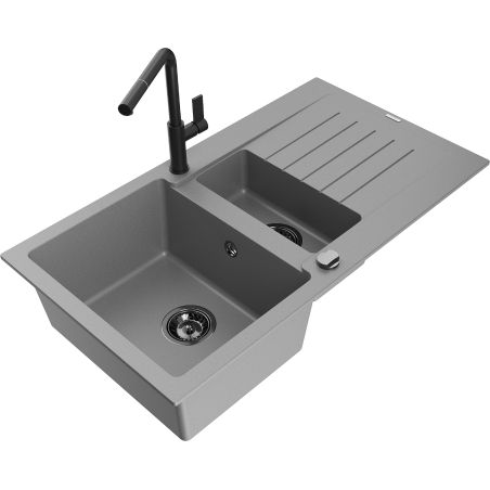 Mexen Matias 1.5-compartment granite sink with a drip tray and kitchen mixer tap Flora, Grey - 6502-71-670401-70-B