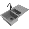 Mexen Matias 1.5-bowl granite sink with drainer and Flora kitchen tap, gray - 6502-71-670401-70-B