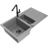 Mexen Matias 1.5-compartment granite sink with a drip tray and kitchen mixer tap Flora, Grey - 6502-71-670401-70-B