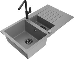 Mexen Matias 1.5-bowl granite sink with drainer and Flora kitchen tap, gray - 6502-71-670401-70-B