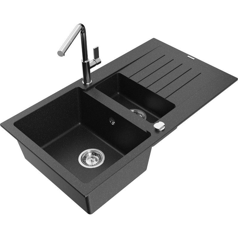 Mexen Matias 1.5-compartment granite sink with a drip tray and kitchen mixer tap Flora, Black/Silver - 6502-73-670401-00