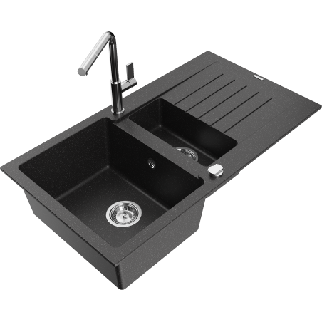 Mexen Matias 1.5-bowl granite sink with drainer and Flora kitchen faucet, black/silver - 6502-73-670401-00