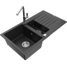 Mexen Matias 1.5-bowl granite sink with drainer and Flora kitchen faucet, black/silver - 6502-73-670401-00