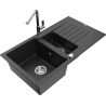 Mexen Matias granite sink 1.5-bowl with drainer and Flora kitchen tap, black/silver - 6502-73-670401-00