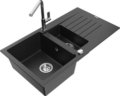 Mexen Matias granite kitchen sink 1.5-bowl with drainer and Flora kitchen faucet, black/silver - 6502-73-670401-00