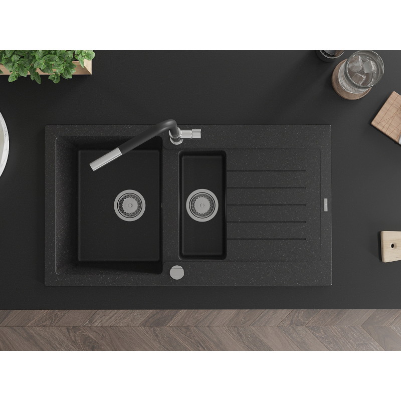 Mexen Matias 1.5-bowl granite sink with drainer and Flora kitchen faucet, black/silver - 6502-73-670401-07