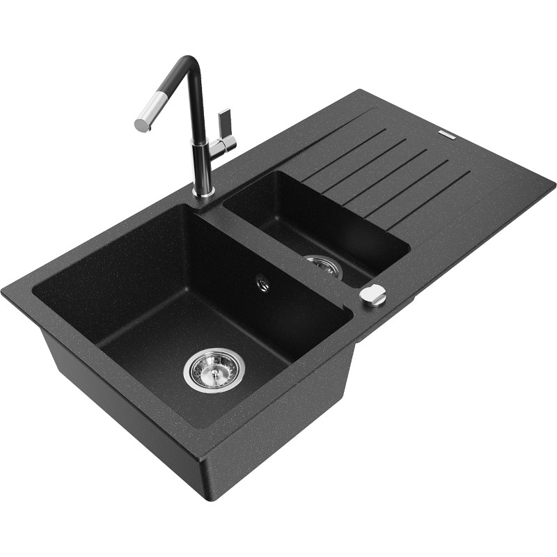 Mexen Matias 1.5-bowl granite sink with drainer and Flora kitchen faucet, black/silver - 6502-73-670401-07