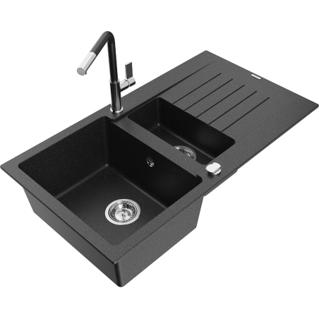Mexen Matias 1.5-basin granite sink with drainer and Flora kitchen faucet, black/silver - 6502-73-670401-07