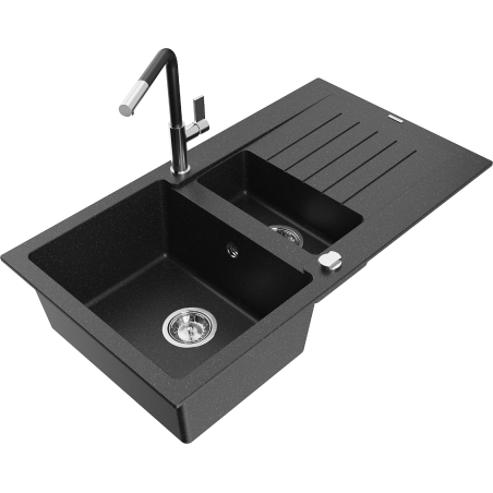 Mexen Matias 1.5-bowl granite sink with drainer and Flora kitchen faucet, black/silver - 6502-73-670401-07
