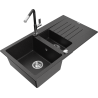 Mexen Matias 1.5-bowl granite sink with drainer and Flora kitchen faucet, black/silver - 6502-73-670401-07