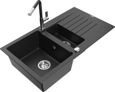 Mexen Matias 1.5-bowl granite sink with drainer and Flora kitchen faucet, black/silver - 6502-73-670401-07