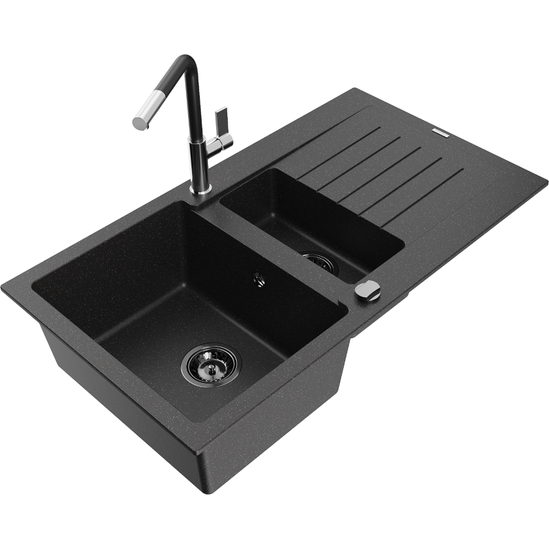 Mexen Matias granite sink 1.5-compartment with drainer and Flora kitchen tap, black/silver - 6502-73-670401-07-B