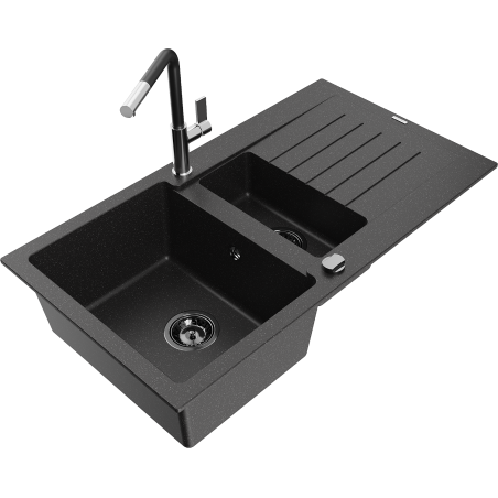 Mexen Matias granite sink 1.5-bowl with drainer and Flora kitchen faucet, black/silver - 6502-73-670401-07-B