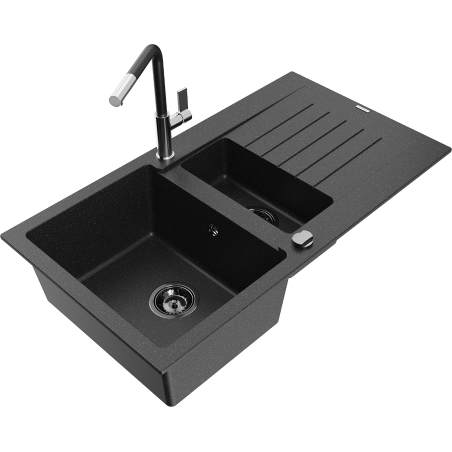 Mexen Matias granite sink 1.5-compartment with drainer and Flora kitchen tap, black/silver - 6502-73-670401-07-B