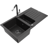 Mexen Matias 1.5-compartment granite sink with a drip tray and kitchen mixer tap Flora, Black/Silver - 6502-73-670401-07-B